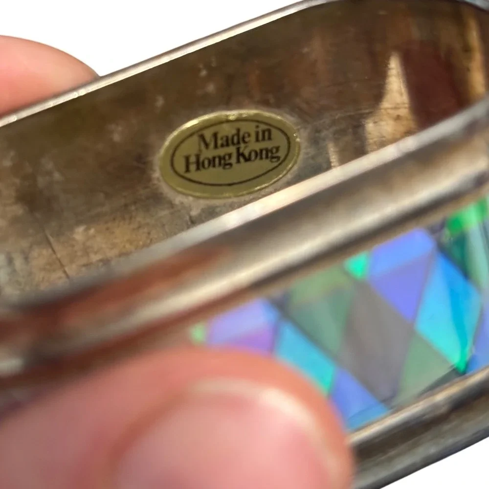 Vintage Iridescent Silver Tone Napkin Rings‎ Set of 6 Diamond Harlequin Oval MCM